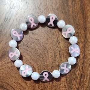 Handmade Pink Ribbon Awareness Silver and White Beaded Bracelet